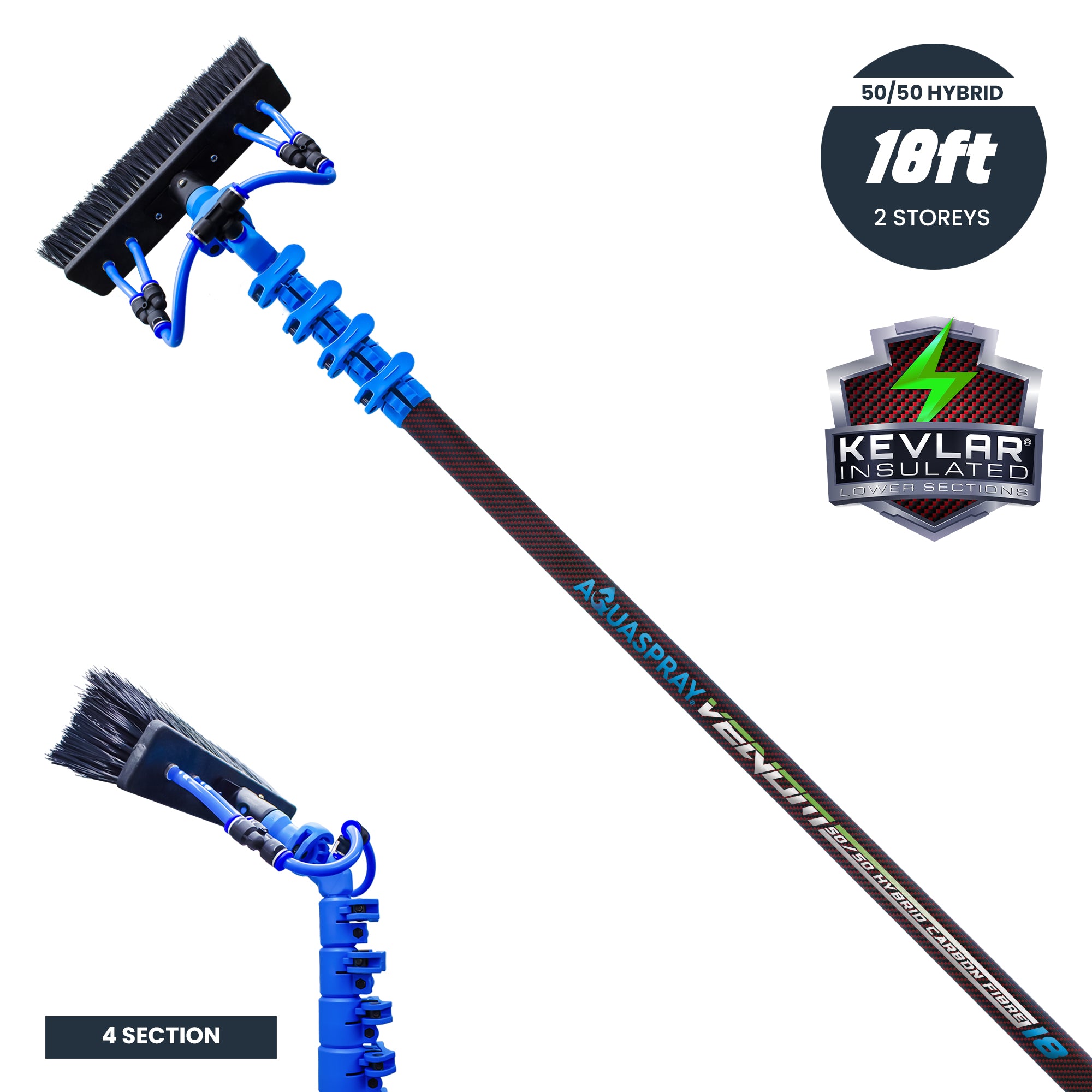 Aquaspray® Venom 18ft Hybrid 50% Carbon, 50% Fiberglass Waterfed Window Cleaning Pole – 4 Sections