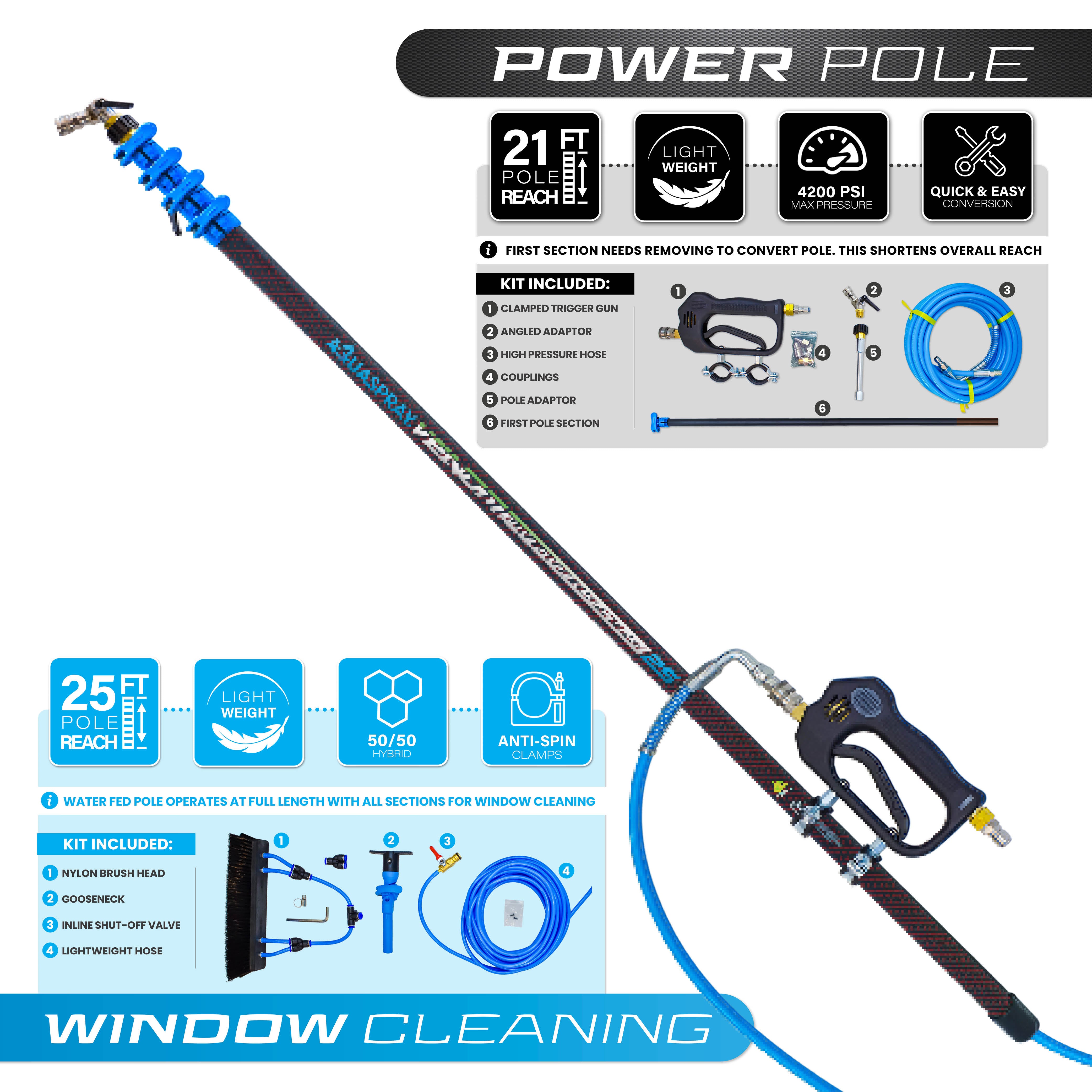 Venom 21ft Power Pole for Pressure Washers – Hybrid (50% Carbon / 50% Fibreglass)