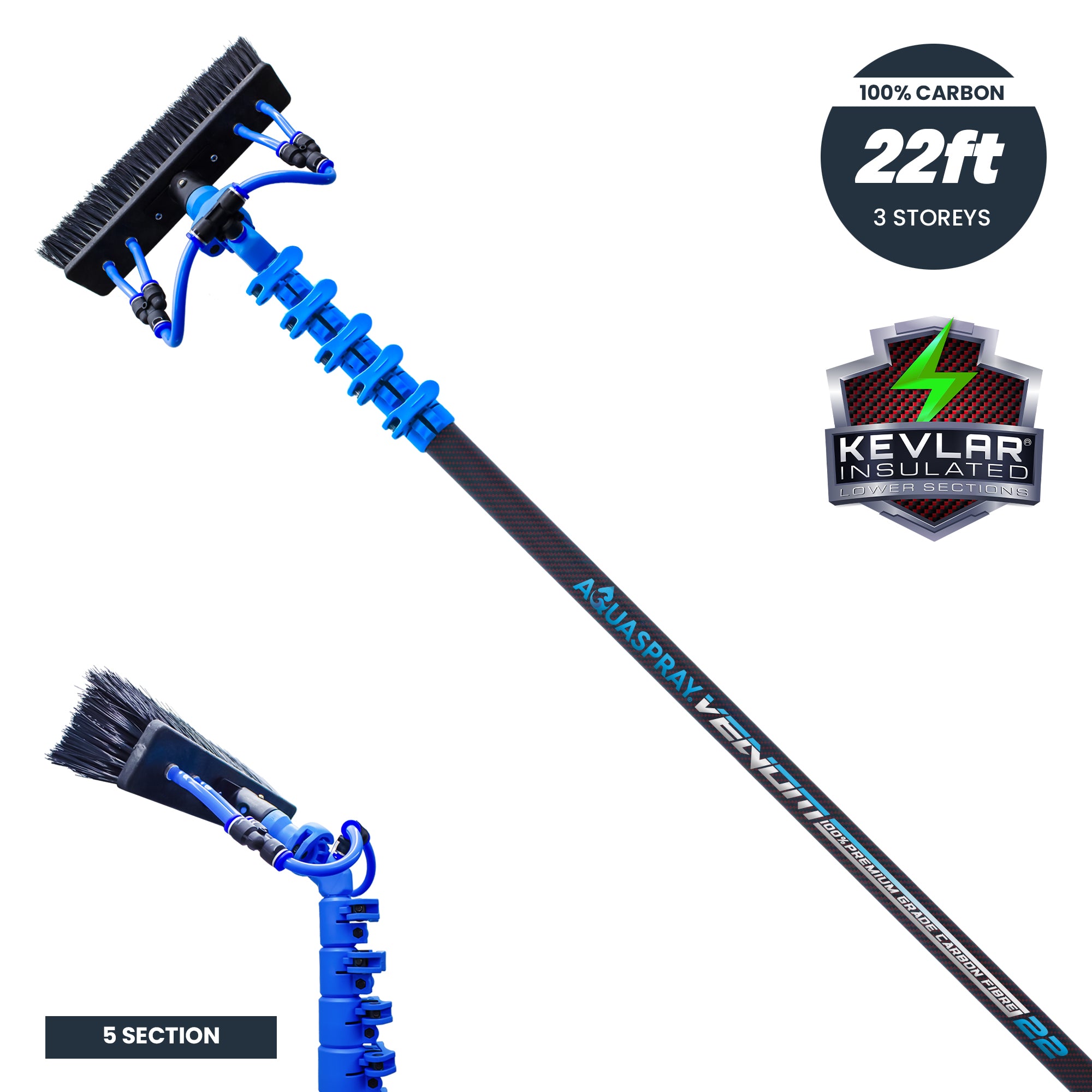 Aquaspray Venom 22ft Kevlar Insulated 100% Carbon Fibre Waterfed Window Cleaning Pole 5-Section