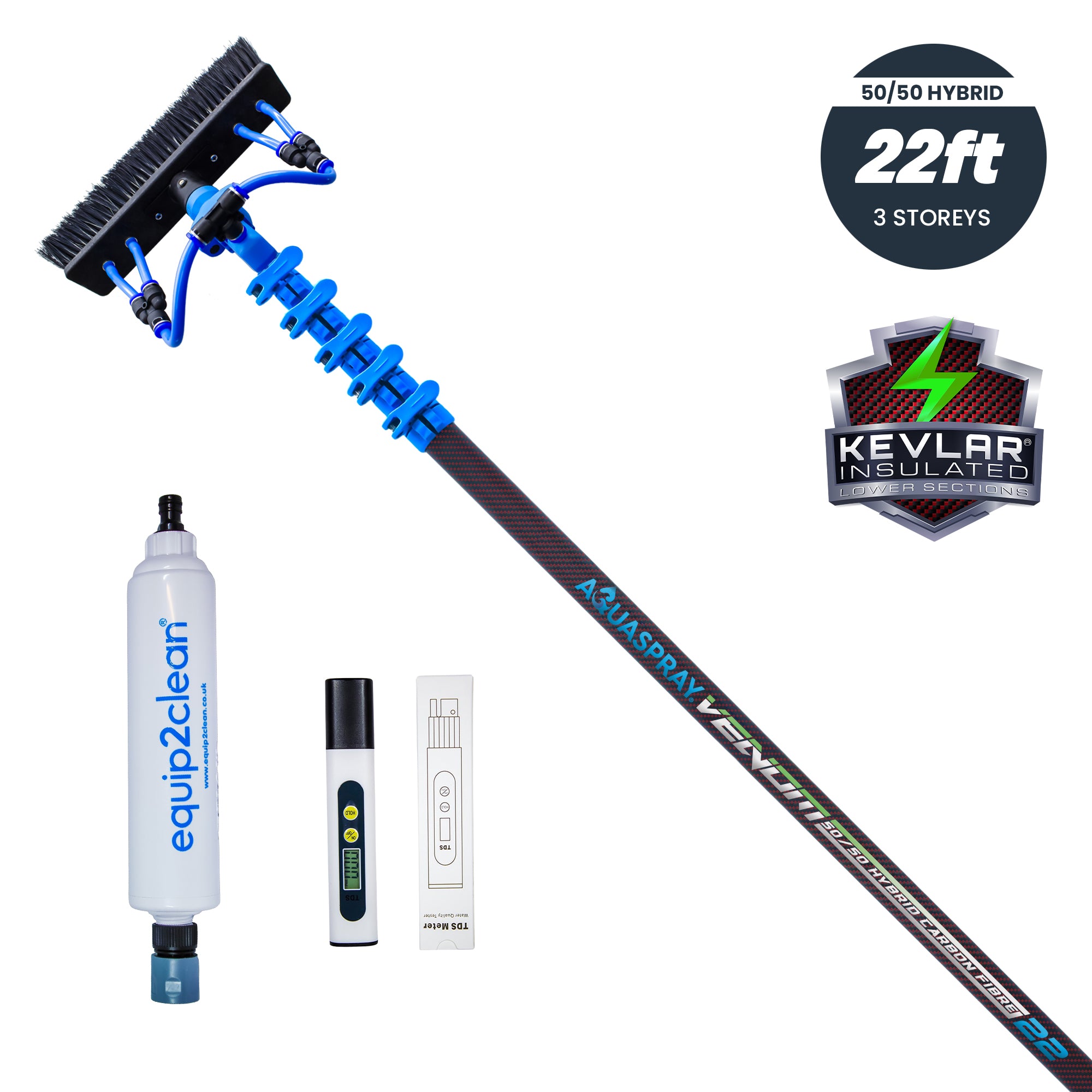 Aquaspray® Venom Bundle Kit - 22ft Water-fed Telescopic Window Cleaning Pole + Inline Di-Filter + TDS Meter