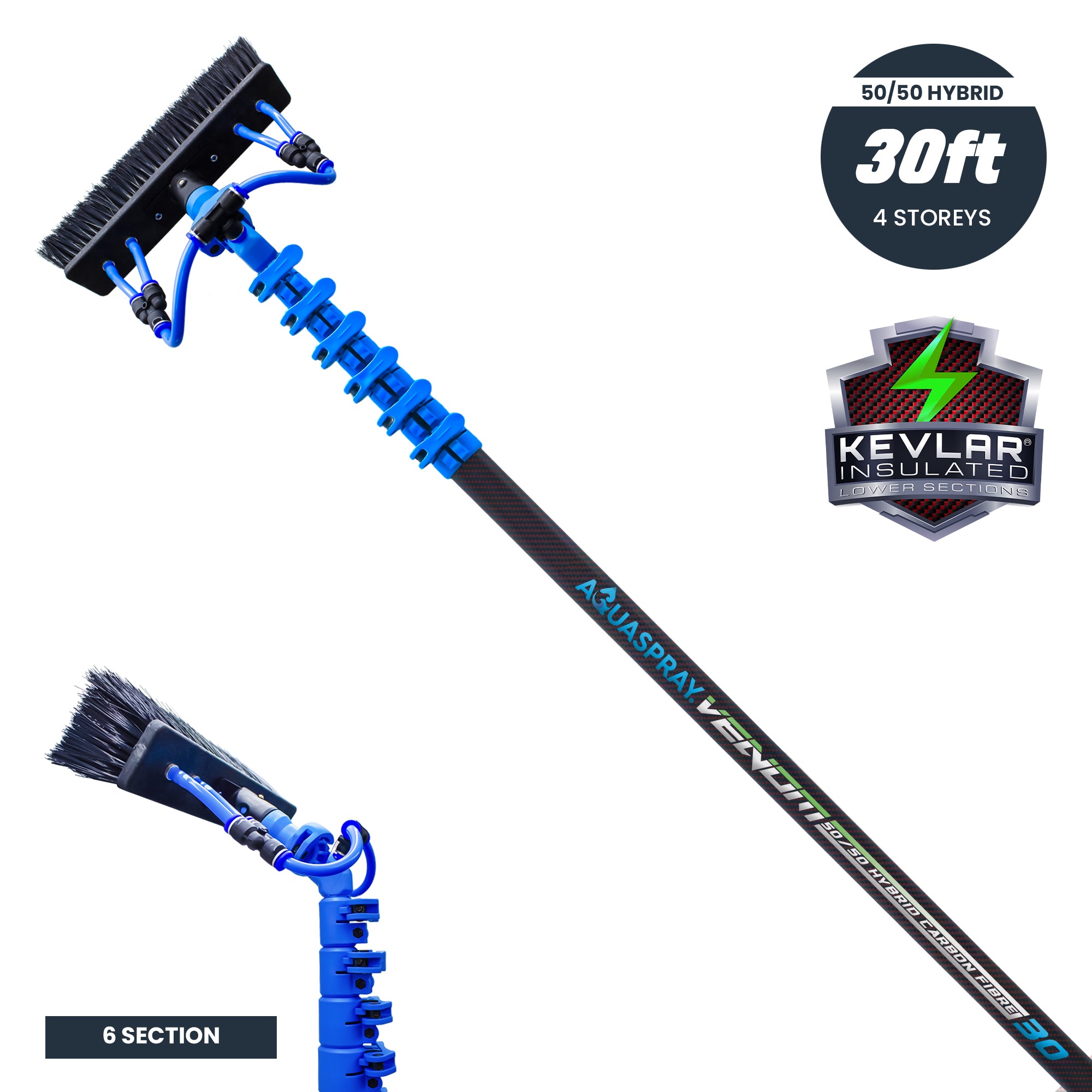 Aquaspray® Venom 30ft Hybrid 50% Carbon, 50% Fiberglass Waterfed Window Cleaning Pole – 6 Sections