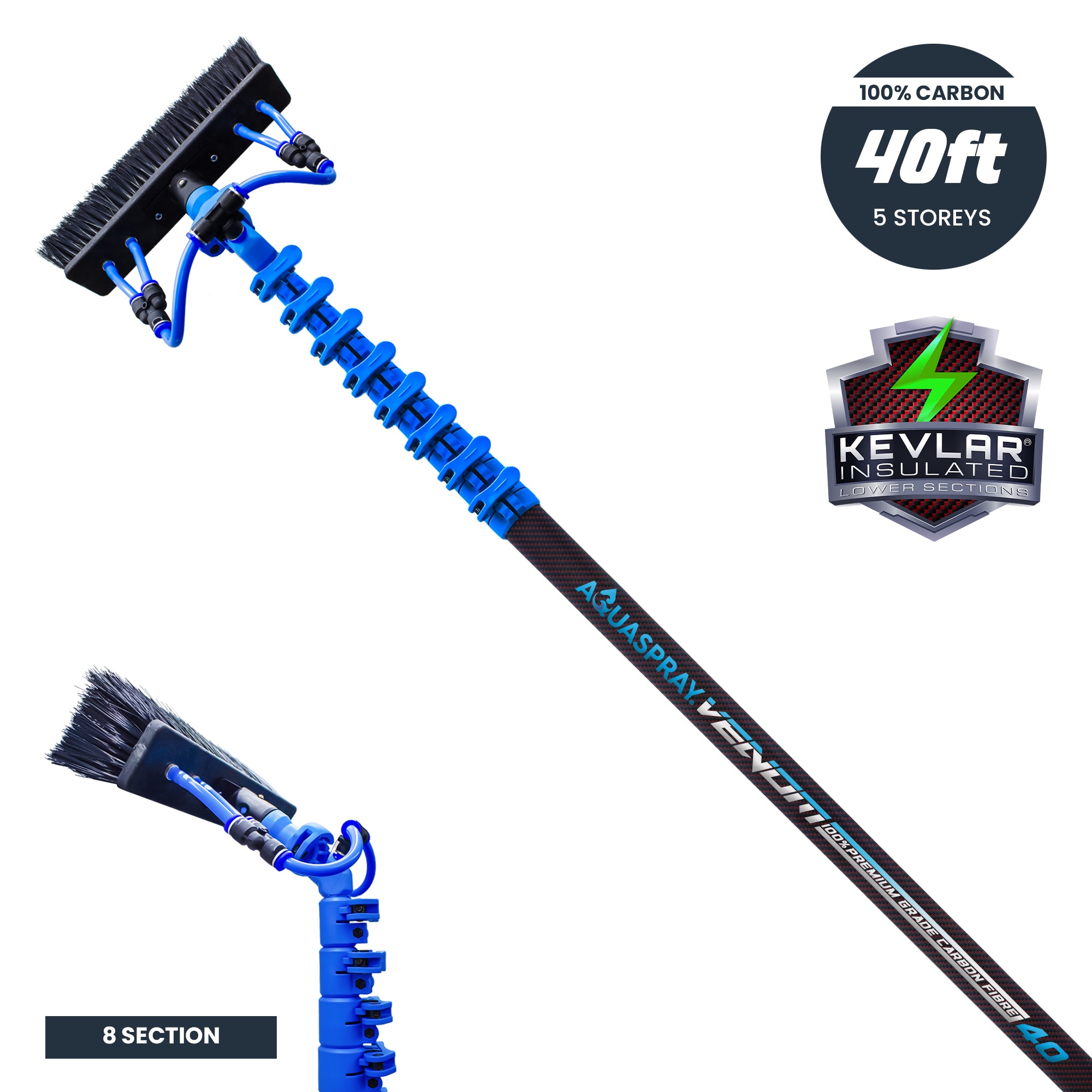 Aquaspray® Venom 40ft 100% Carbon Fibre Waterfed Window Cleaning Pole 8-Section