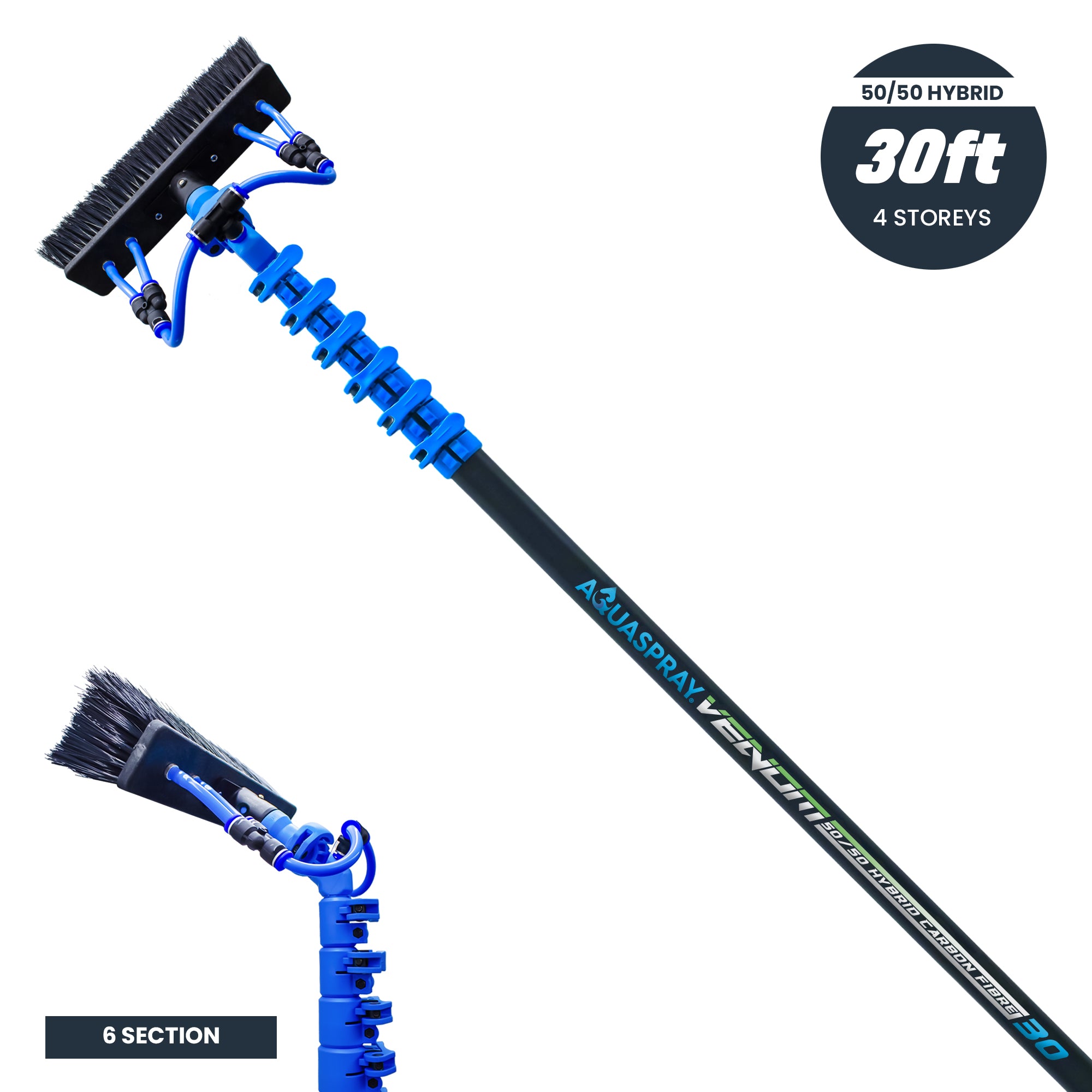 Aquaspray Venom 30ft 50% Carbon 50% Fiberglass Waterfed Window Cleaning Pole – 6 Sections