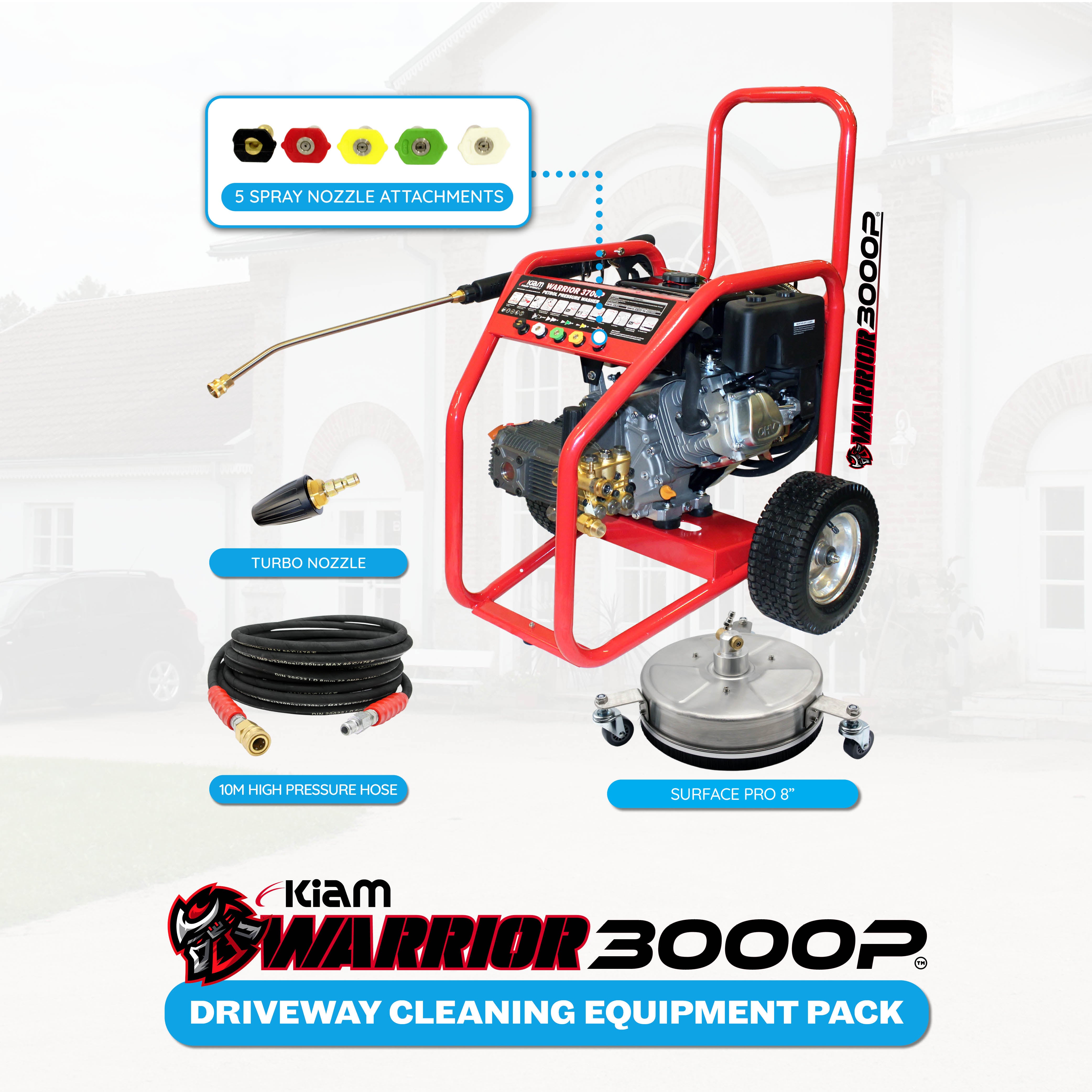 Driveway Cleaning Equipment - Warrior 3000P Petrol Pressure Washer, SurfacePro 8 Rotary Surface Cleaner and Turbo Nozzle -...