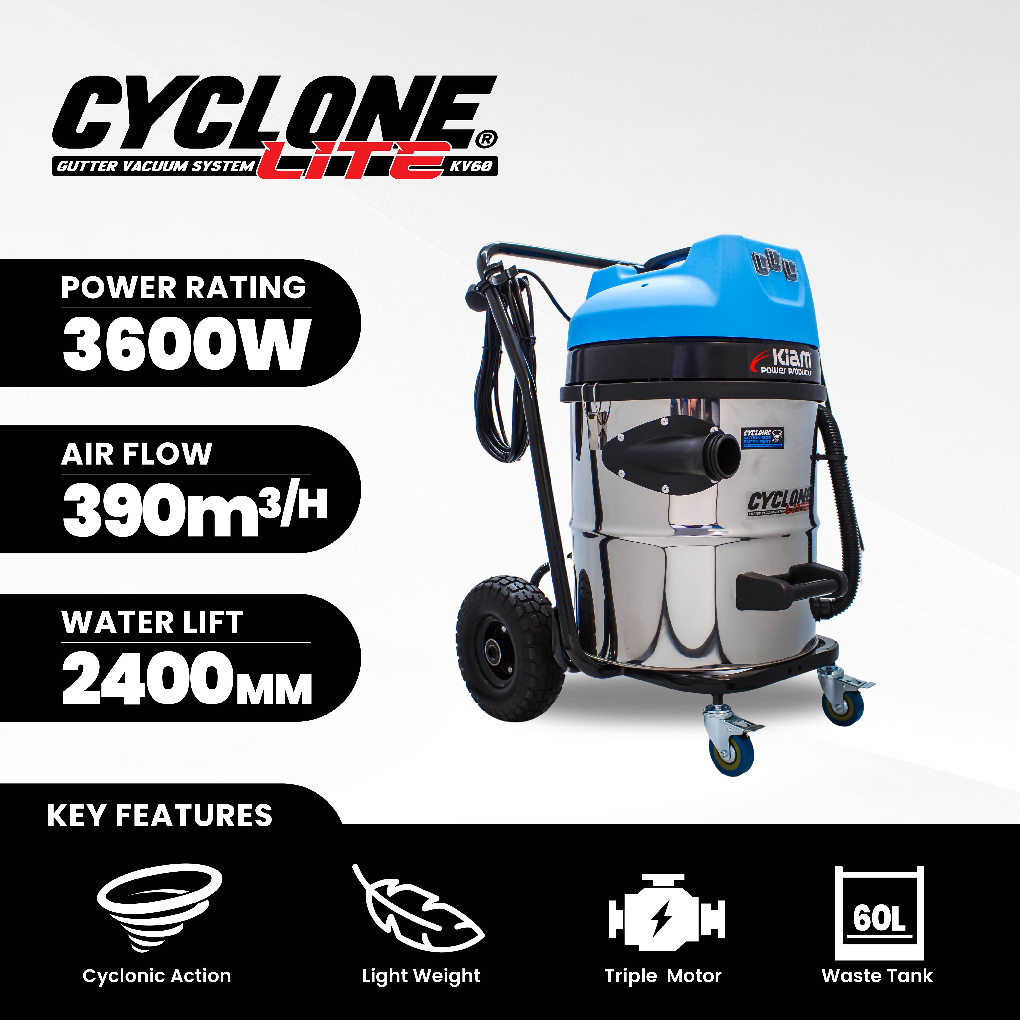Cyclone Lite® KV60 Gutter Vacuum 3600W - Side Entry