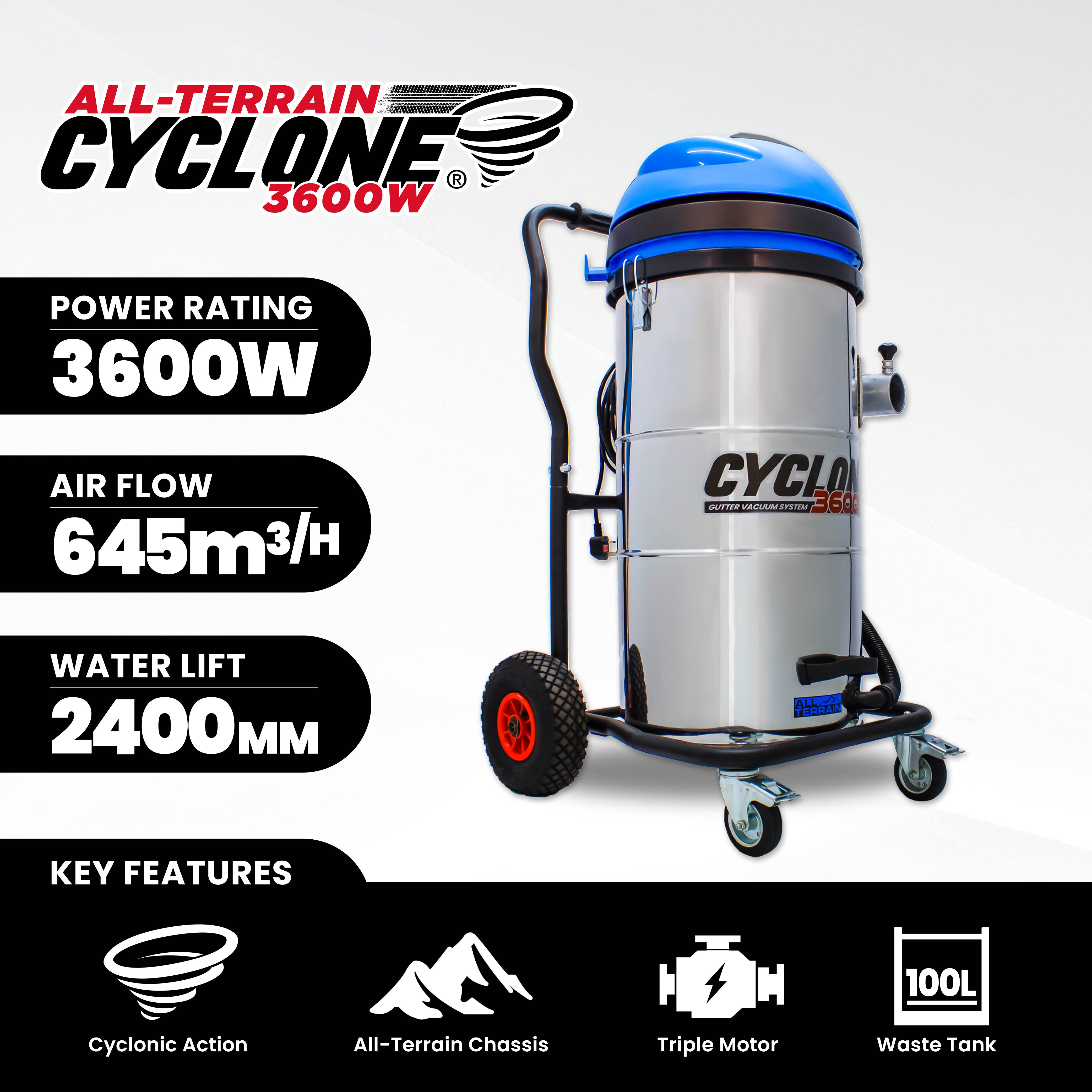 Kiam CYCLONE All Terrain Gutter Vacuum System 3600W 100L Stainless Steel - detail view