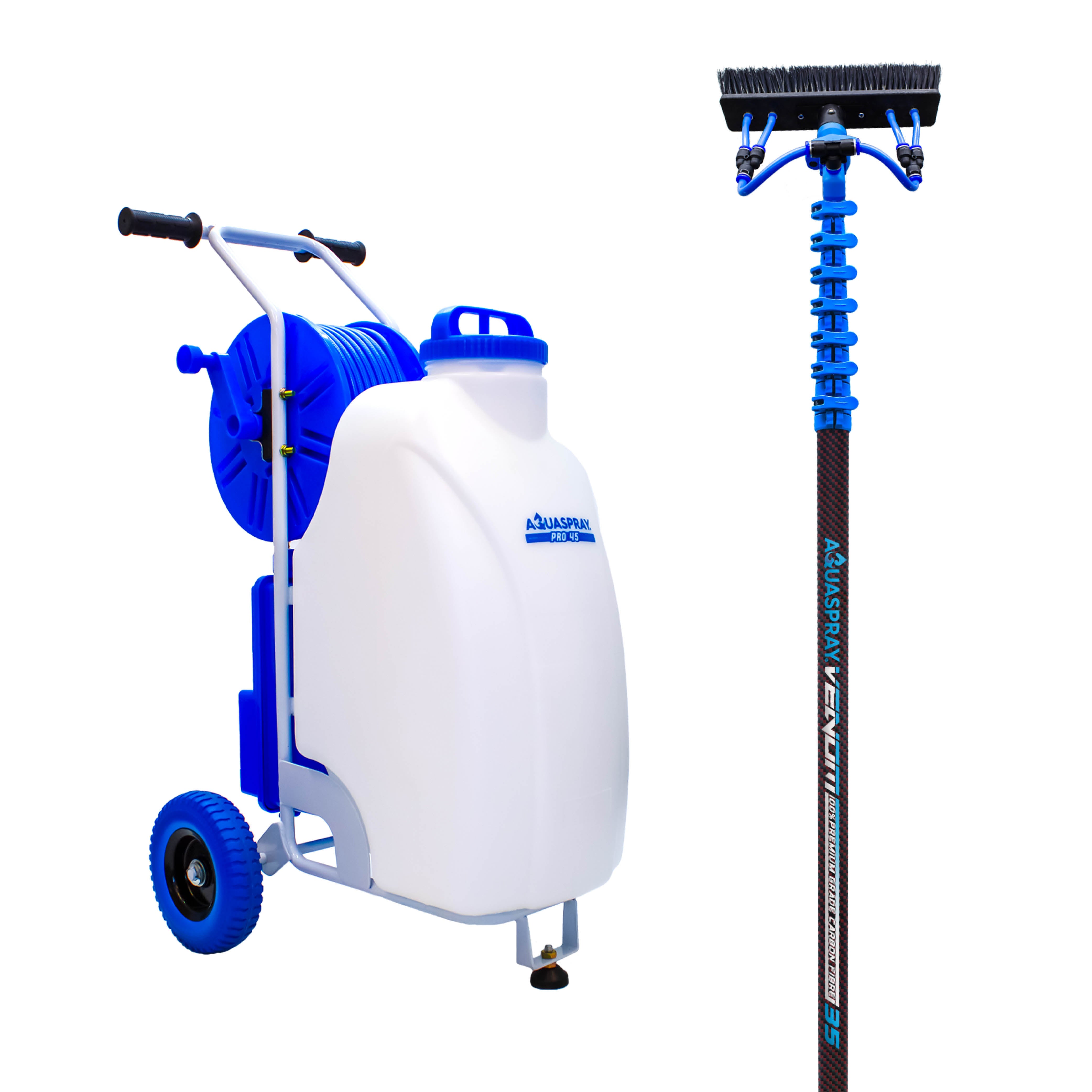 Aquaspray Pro 45L Battery Operated Water Spray Tank with Aquaspray Venom 35ft 100% Carbon Fibre Waterfed Window Cleaning P...