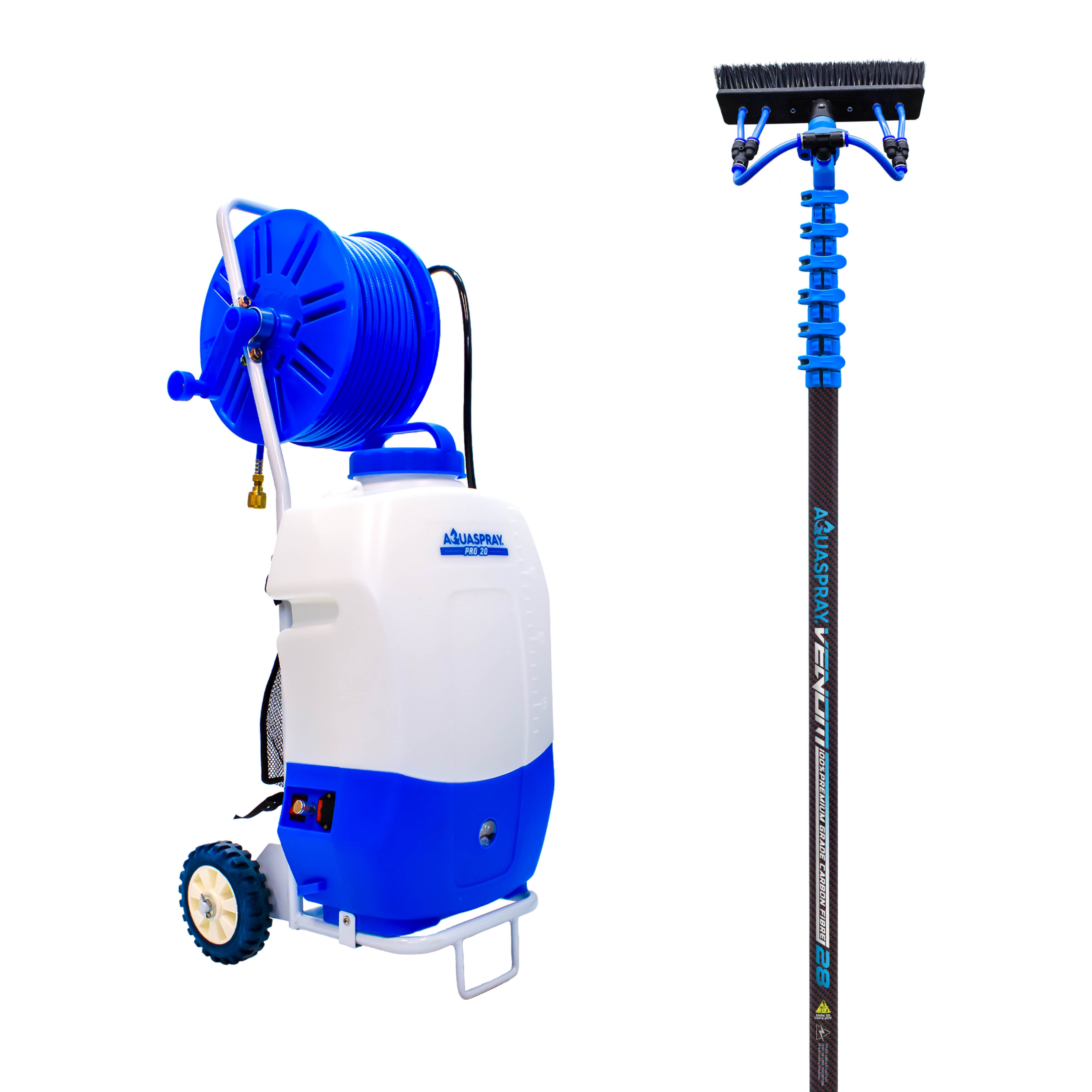 Aquaspray Pro 20L Battery Operated Water Spray Tank with Aquaspray Venom 28ft 100% Carbon Fibre Waterfed Window Cleaning P...