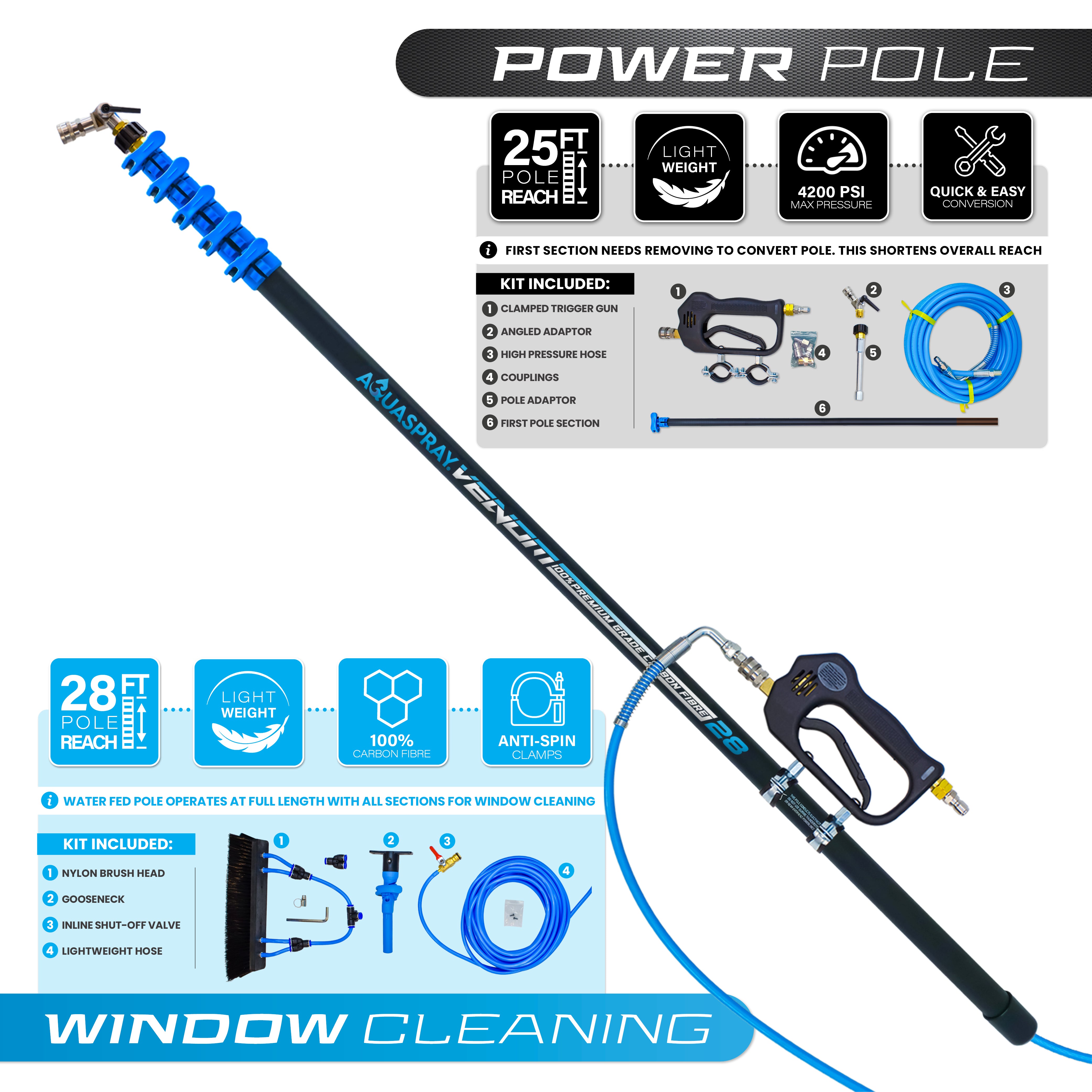 Venom 25ft Power Pole for Pressure Washers – 100% Carbon Fibre