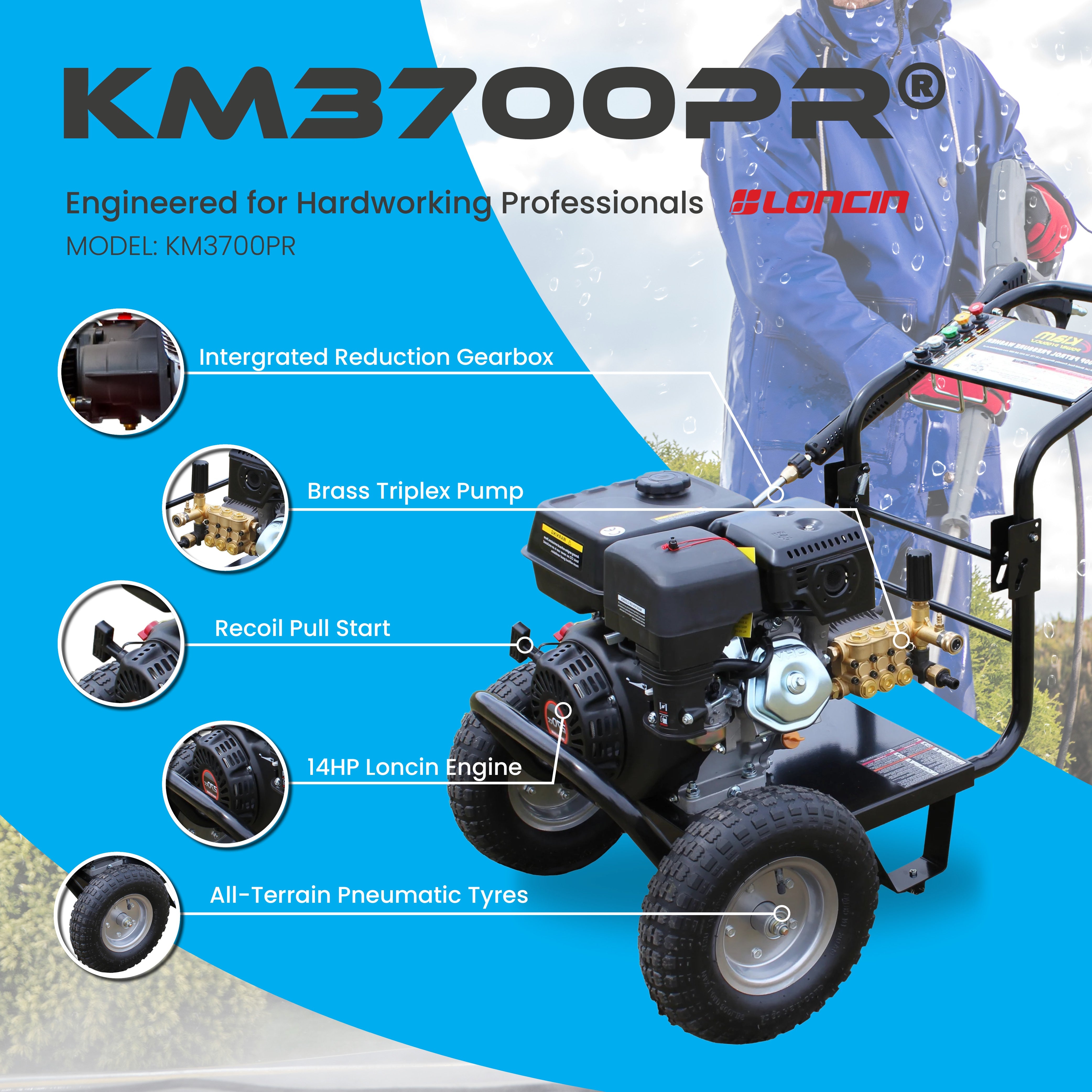 GRADE A Kiam KM3700PR Petrol High Pressure Washer Jet Cleaner - Gearbox Version (14HP) - additional view
