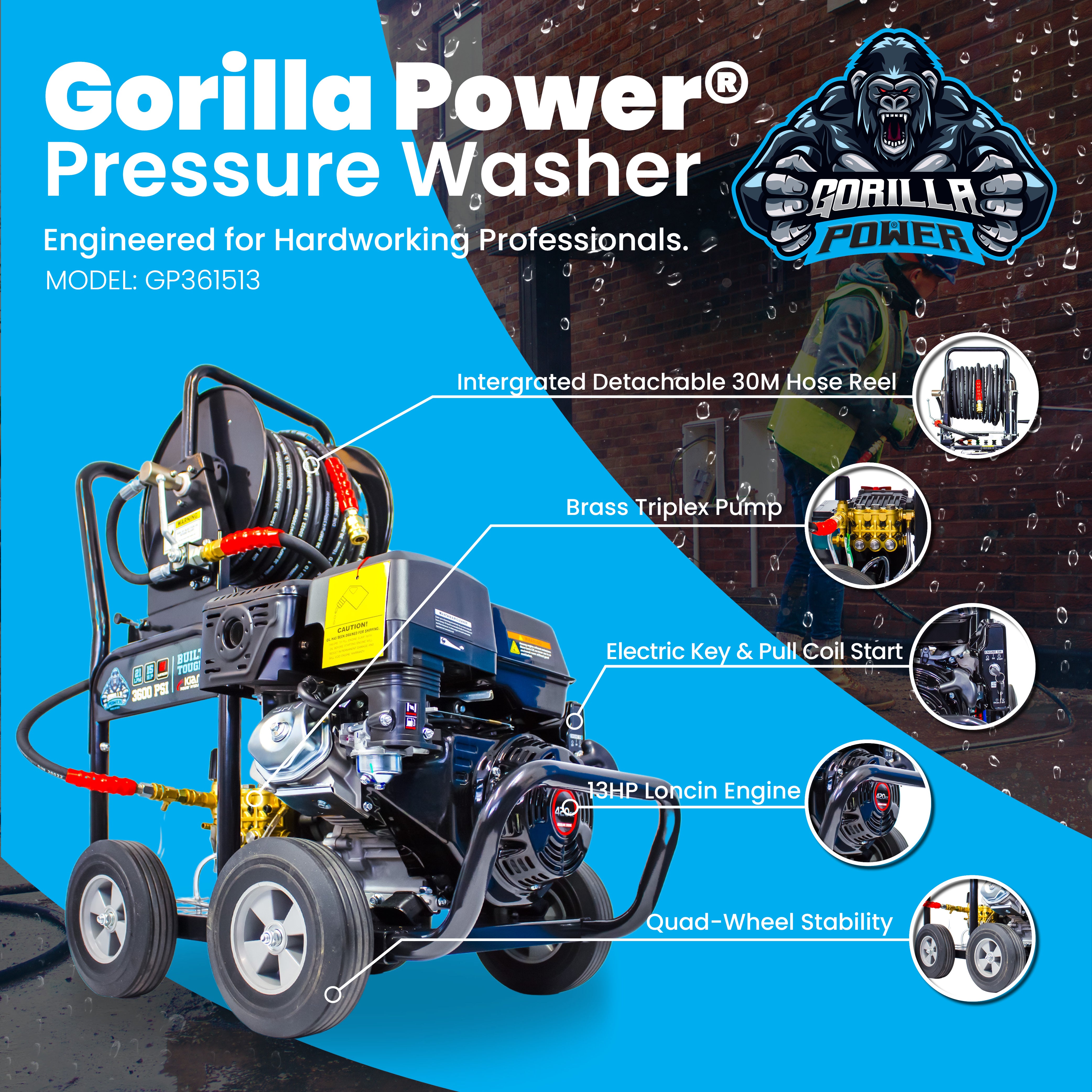 Kiam GORILLA POWER 3600PSI 15LPM 13HP Petrol Pressure Washer Loncin Engine - additional view