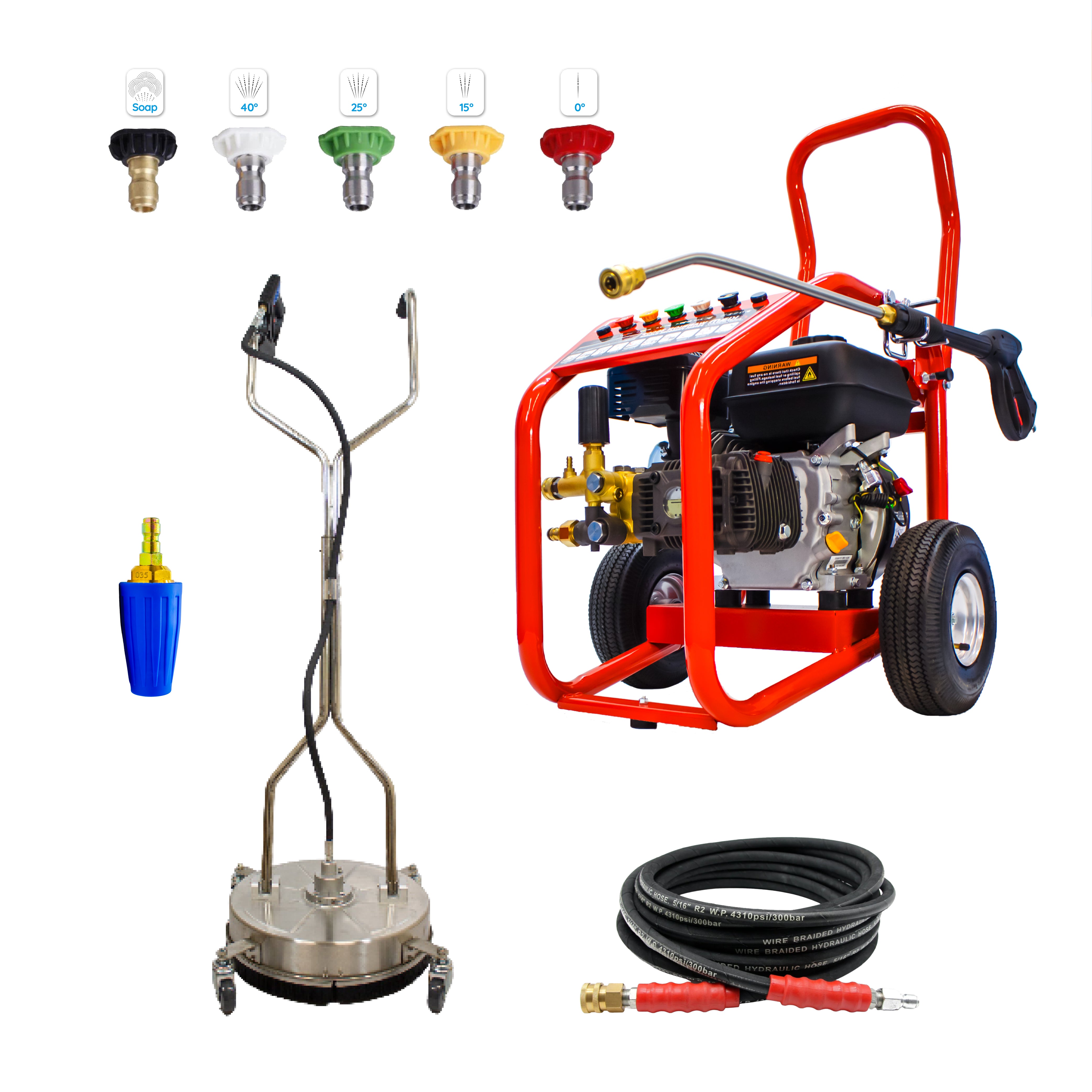Driveway Cleaning Equipment - Warrior 3400P Petrol Pressure Washer, SurfacePro 18 Rotary Surface Cleaner and Turbo Nozzle