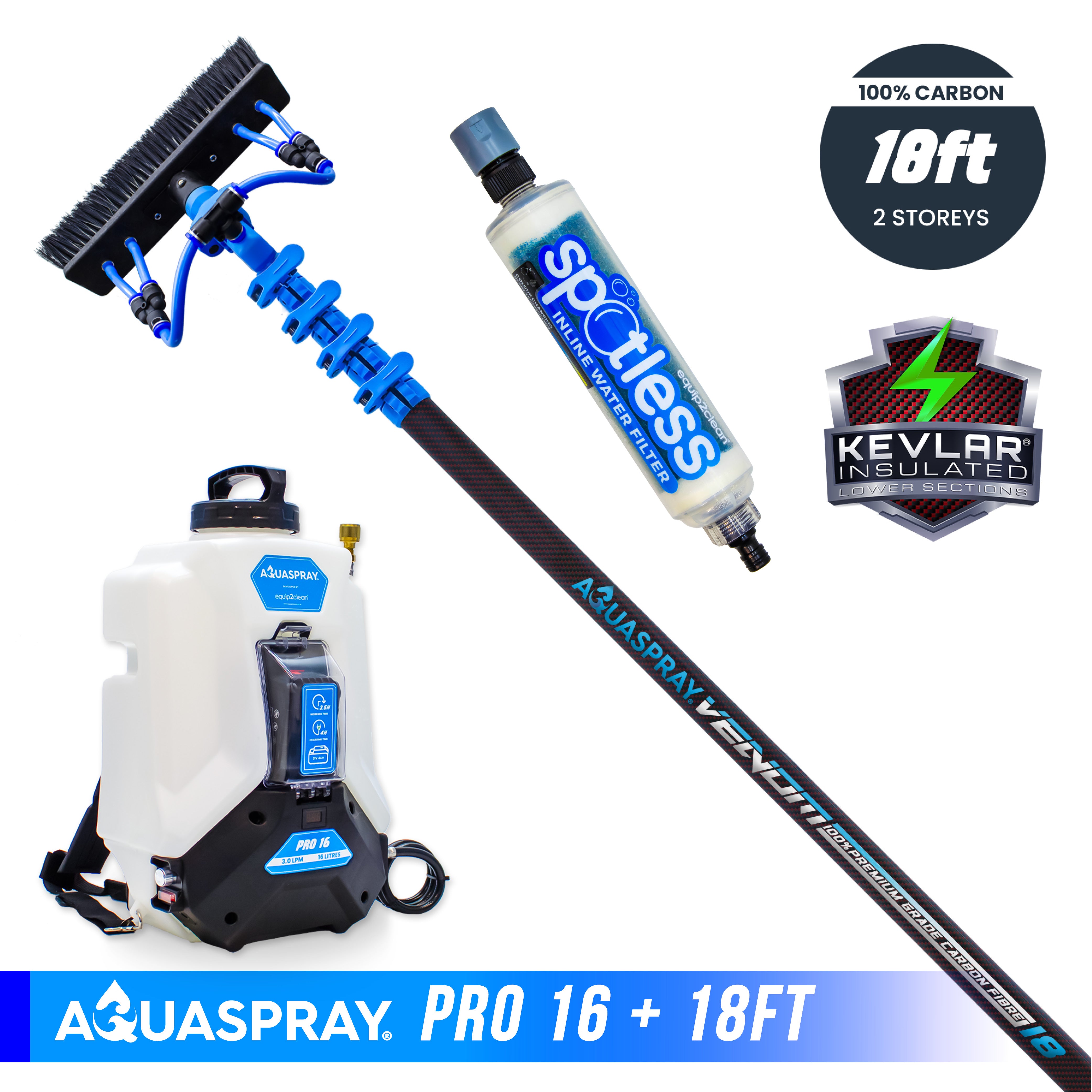 Aquaspray® Venom 100% Carbon Fibre KEVLAR INSULATED Water-Fed Pole & Spray Tank Pack | 18ft–40ft
