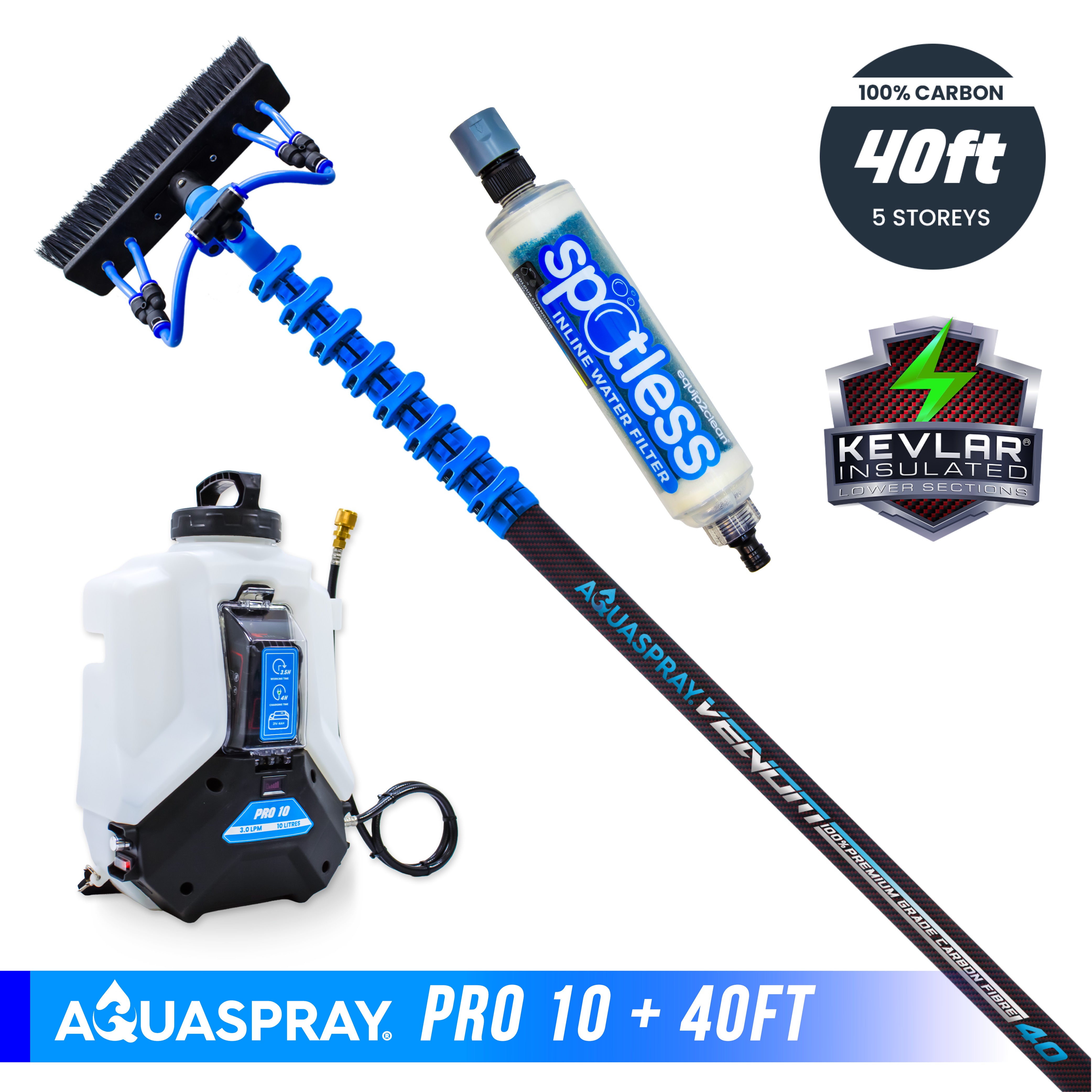 Aquaspray® Venom 100% Carbon Fibre KEVLAR INSULATED Water-Fed Pole & Spray Tank Pack | 18ft–40ft