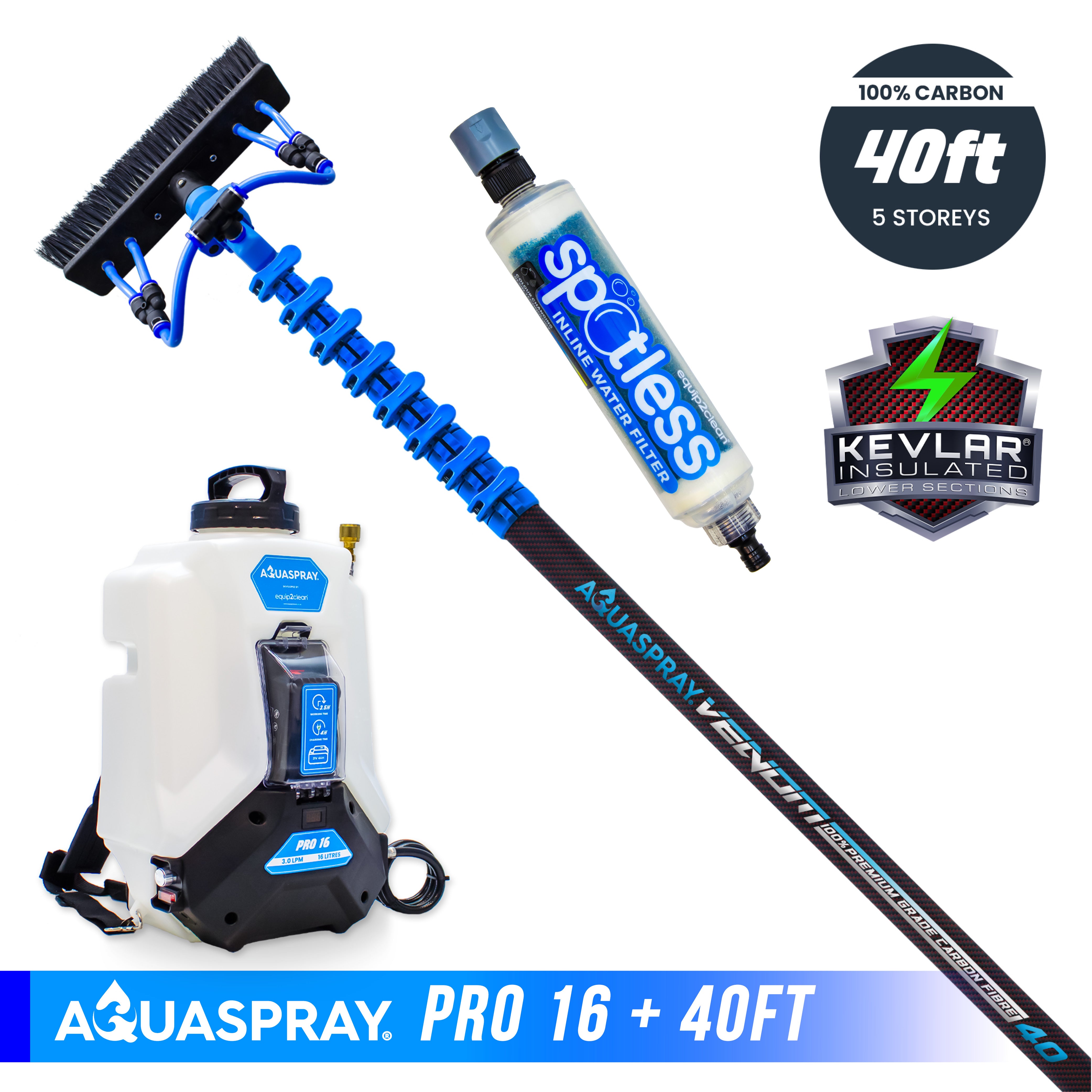 Aquaspray® Venom 100% Carbon Fibre KEVLAR INSULATED Water-Fed Pole & Spray Tank Pack | 18ft–40ft