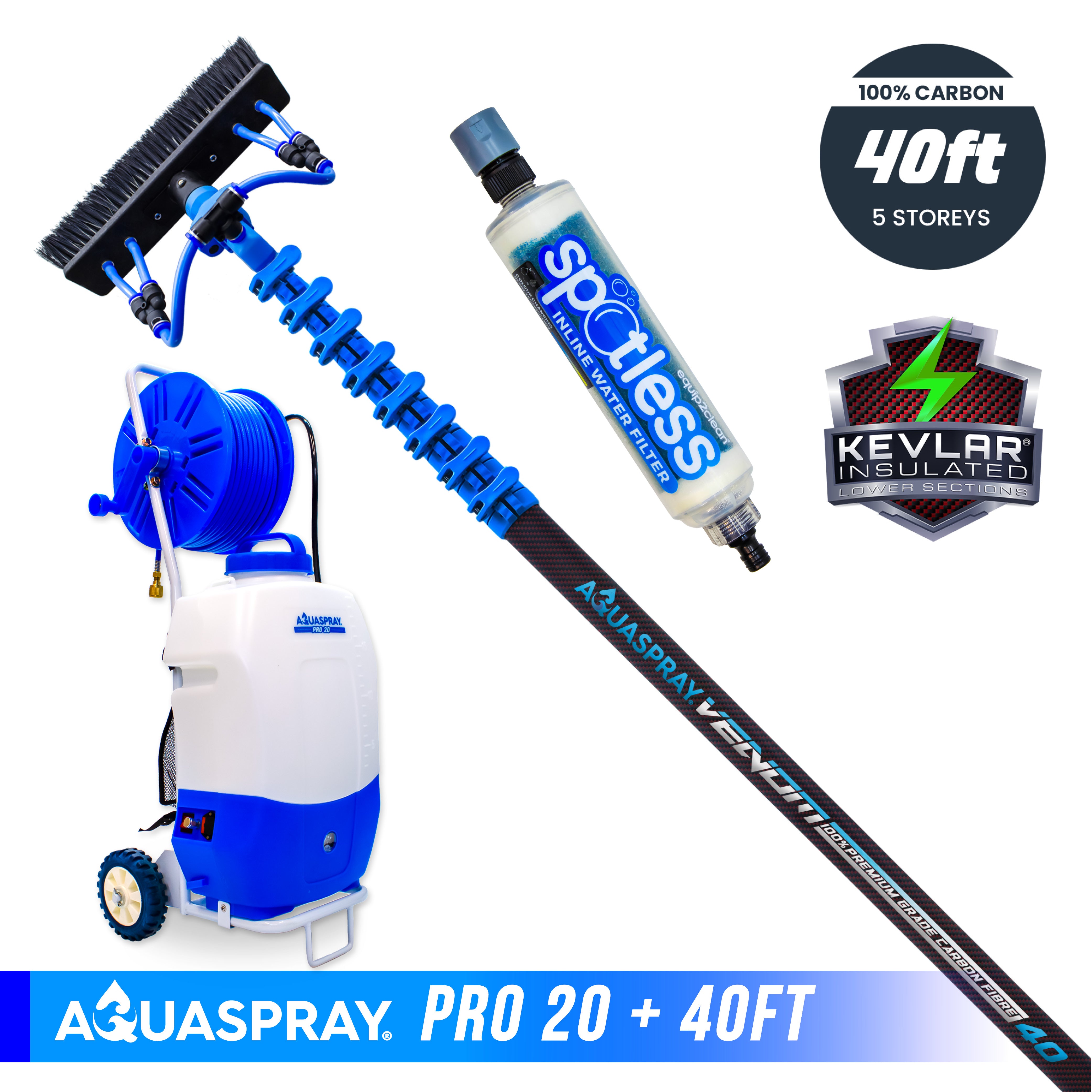 Aquaspray® Venom 100% Carbon Fibre KEVLAR INSULATED Water-Fed Pole & Spray Tank Pack | 18ft–40ft