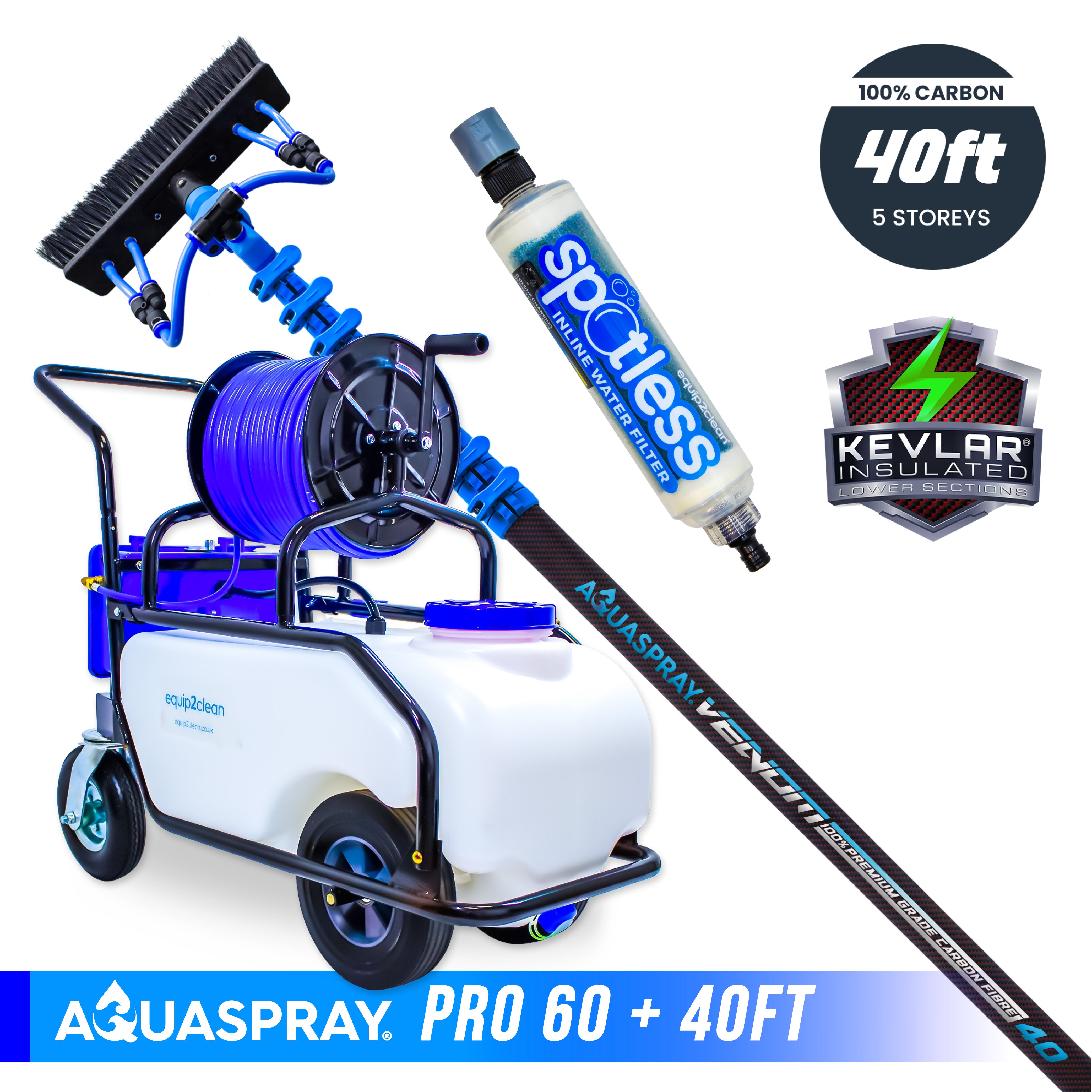 Aquaspray® Venom 100% Carbon Fibre KEVLAR INSULATED Water-Fed Pole & Spray Tank Pack | 18ft–40ft