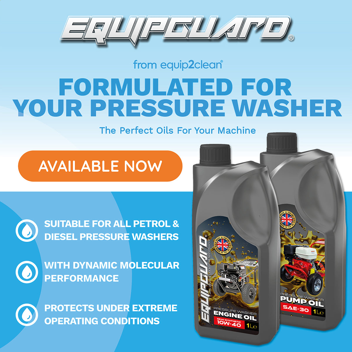 Twin Pack of Equipguard® 10W-40 Engine Oil & SAE-30 Pump Oil For Petrol and Diesel Pressure Washers (1L)