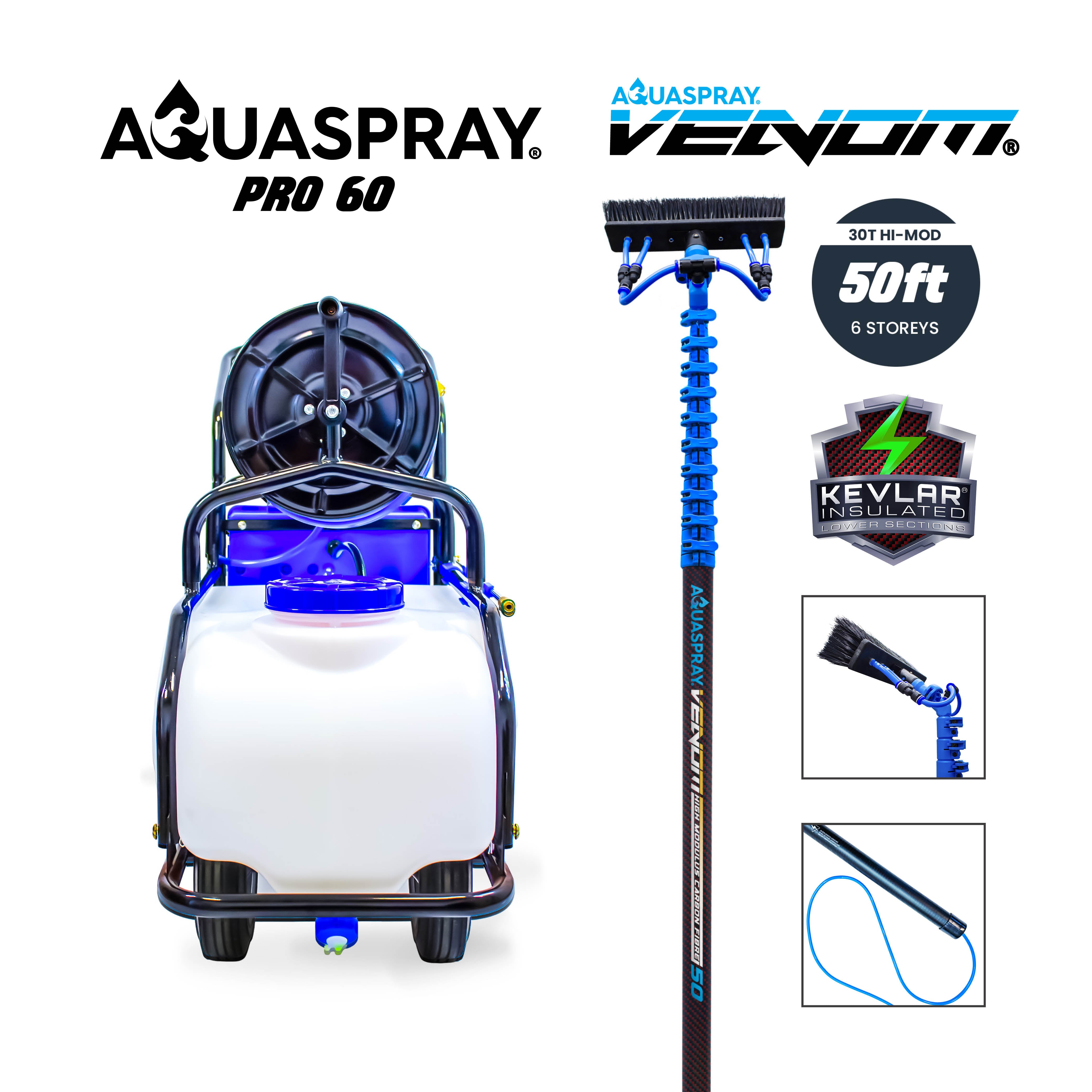 Aquaspray Pro 60L Battery Operated Water Spray Tank with Aquaspray Venom 50ft 30T High-Mod Kevlar Insulated Waterfed Window Cleaning Pole