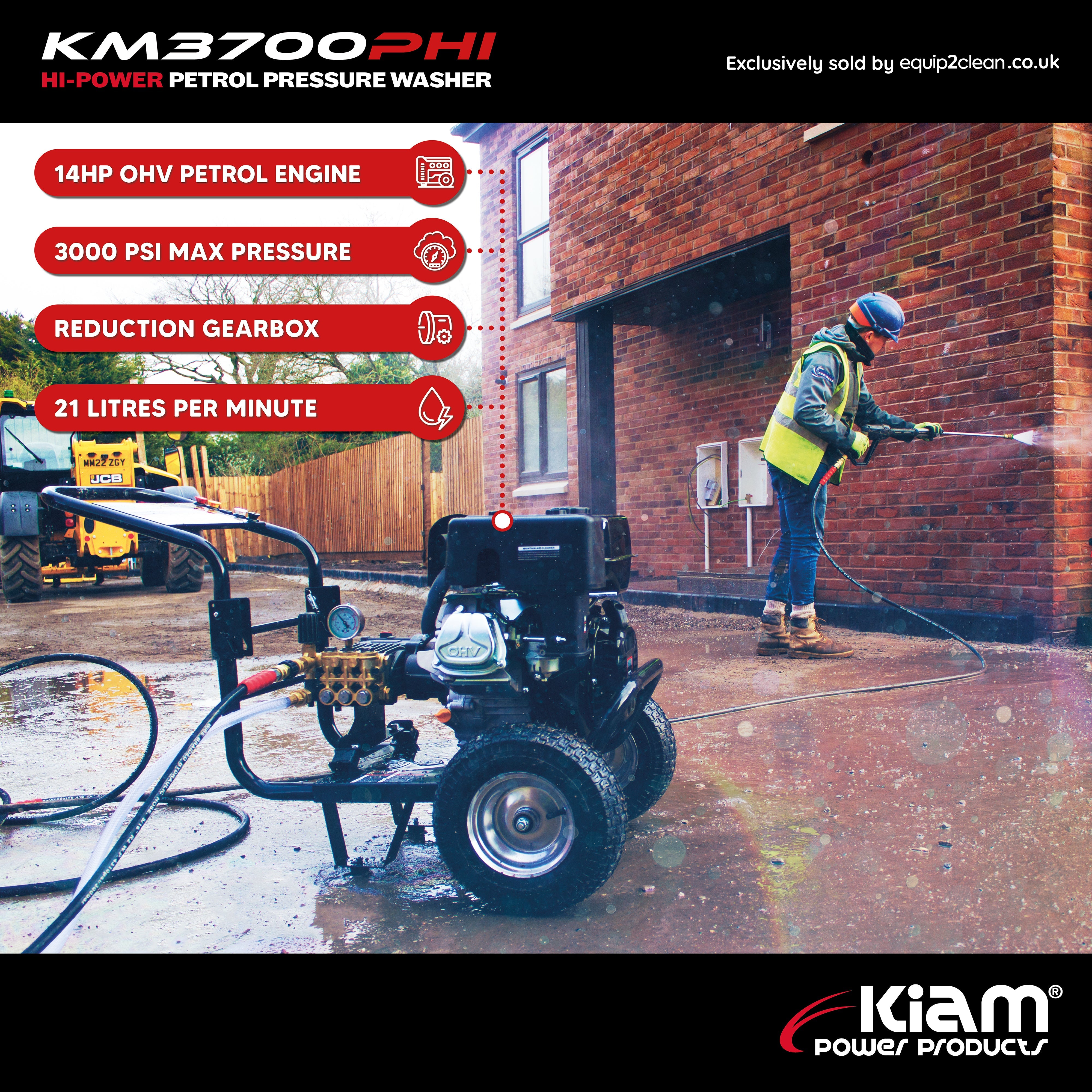 GRADE A Kiam KM3700PHI (HIFLOW) Petrol Pressure Washer Jet Cleaner (14HP) 21lpm - additional view