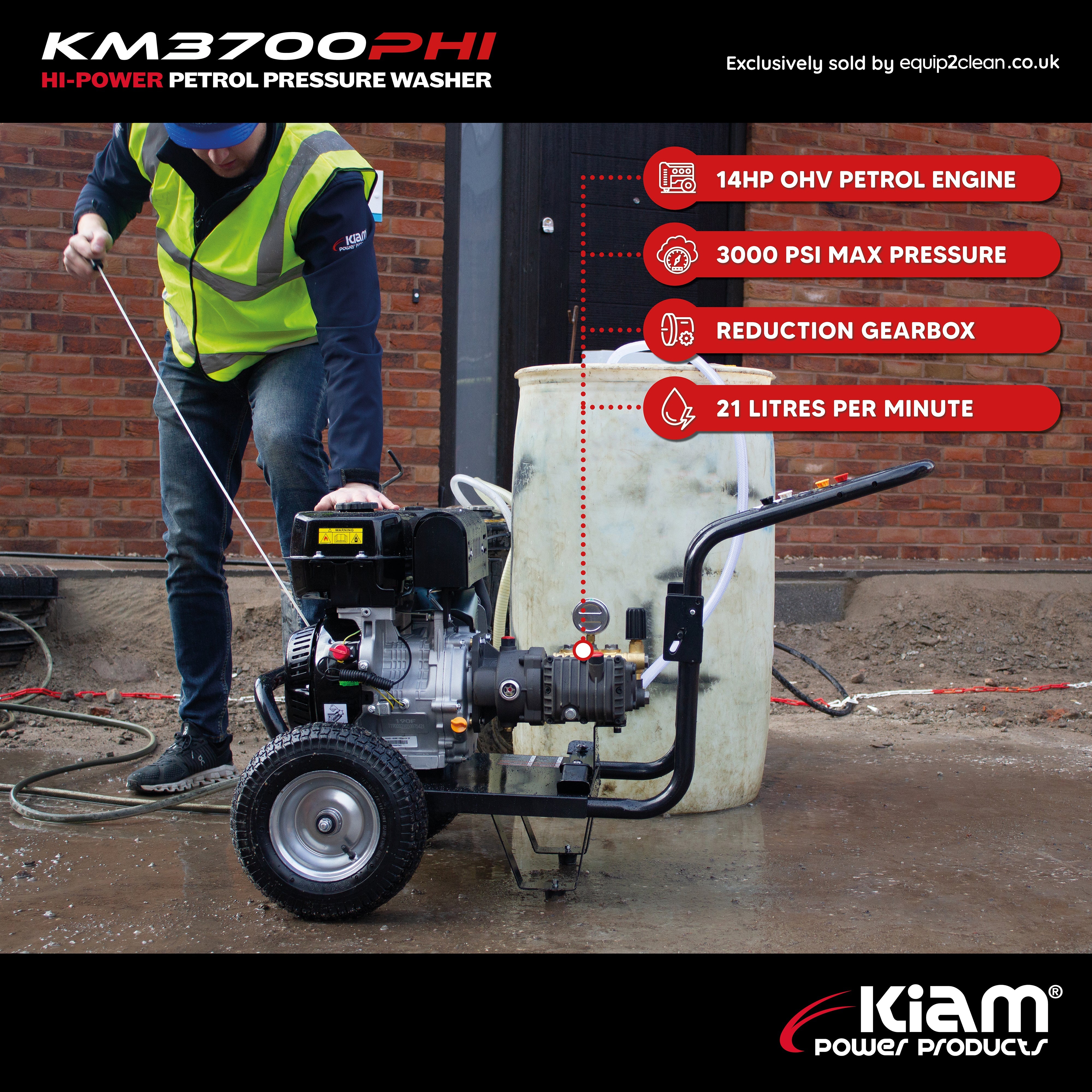 GRADE A Kiam KM3700PHI (HIFLOW) Petrol Pressure Washer Jet Cleaner (14HP) 21lpm - close-up