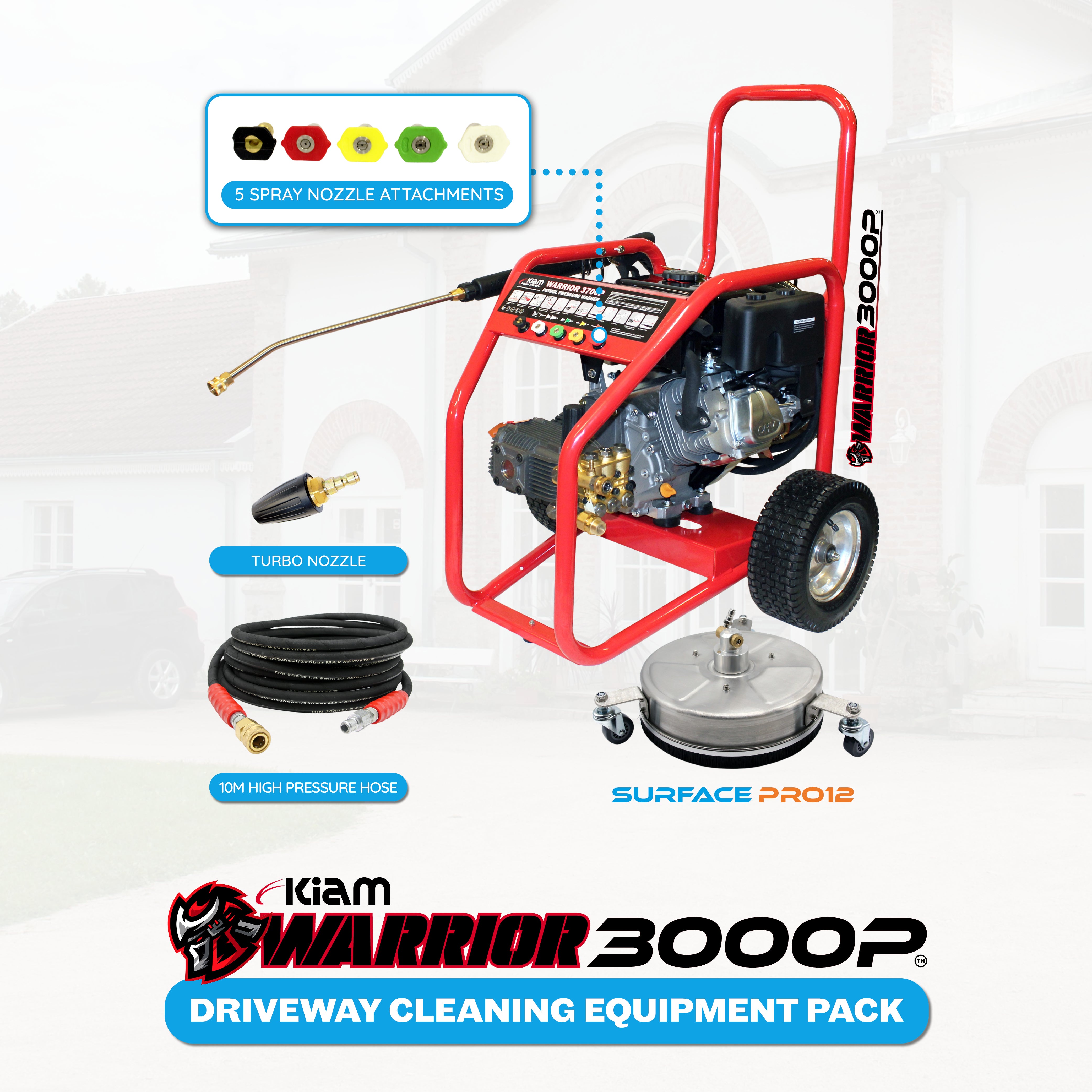 Driveway Cleaning Equipment - Warrior 3000P Petrol Pressure Washer, SurfacePro 12 Rotary Surface Cleaner and Turbo Nozzle