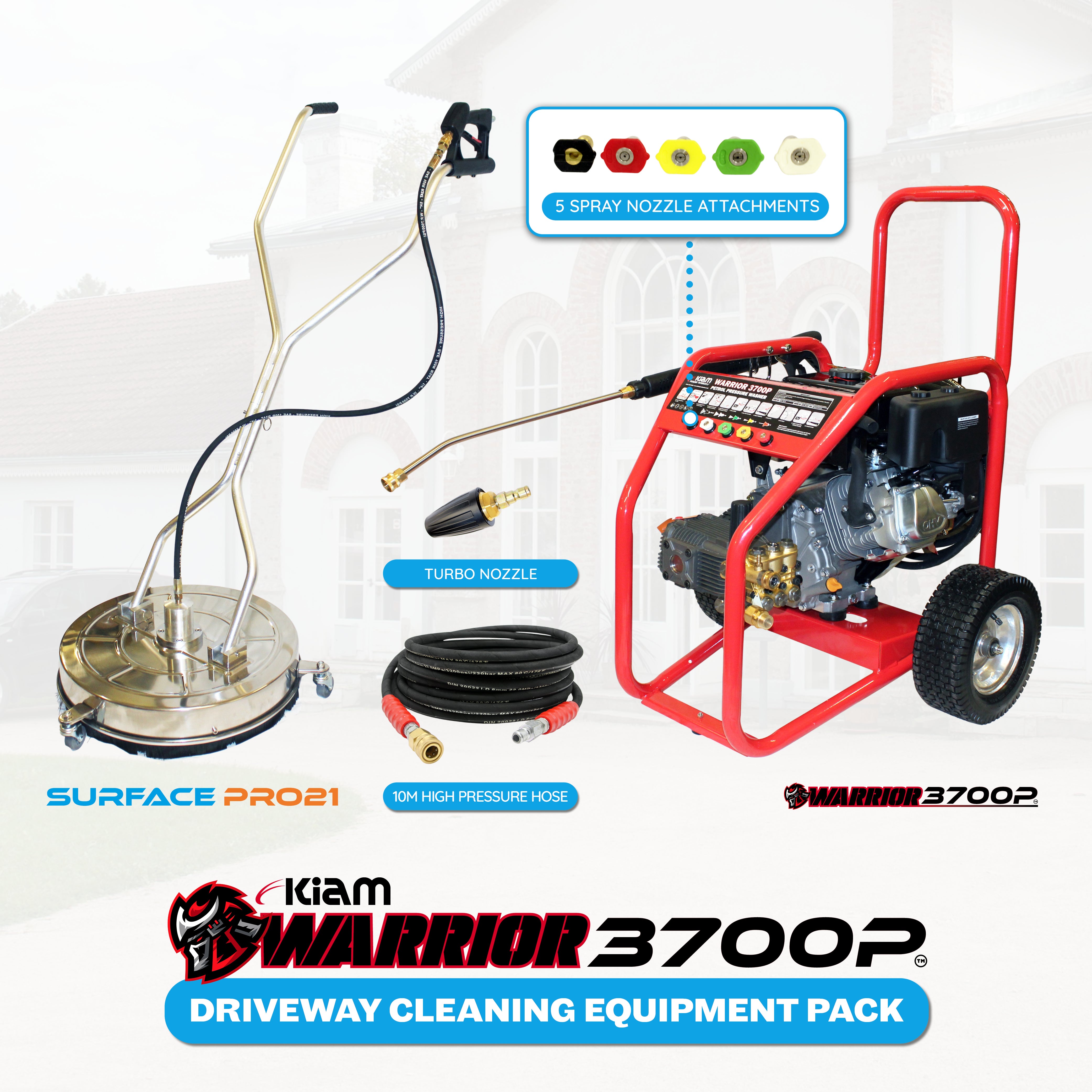 Driveway Cleaning Equipment - Warrior 3700P Petrol Pressure Washer, SurfacePro 21 Rotary Surface Cleaner and Turbo Nozzle