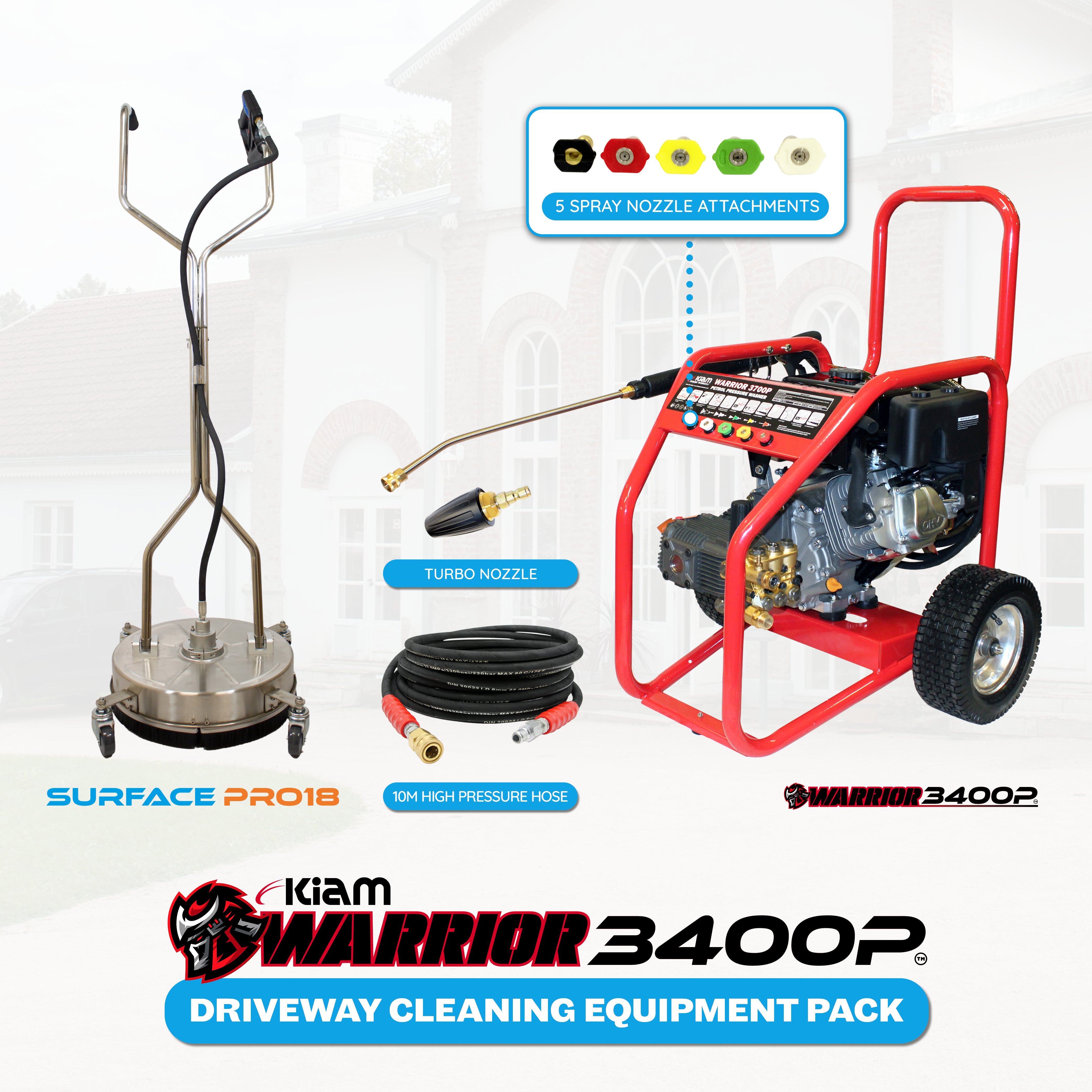 Driveway Cleaning Equipment - Warrior 3400P Petrol Pressure Washer, SurfacePro 18 Rotary Surface Cleaner and Turbo Nozzle